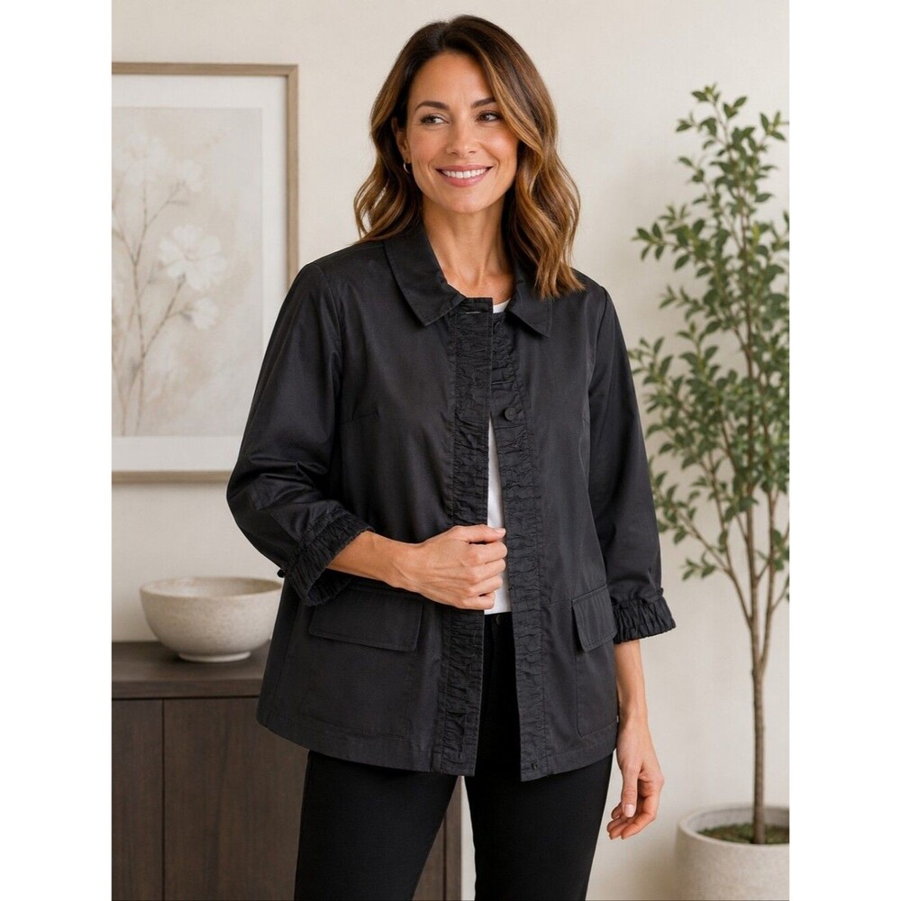 Talbots black jacket ruffle detailing  front & cuffs cotton stretch plus sz 16W